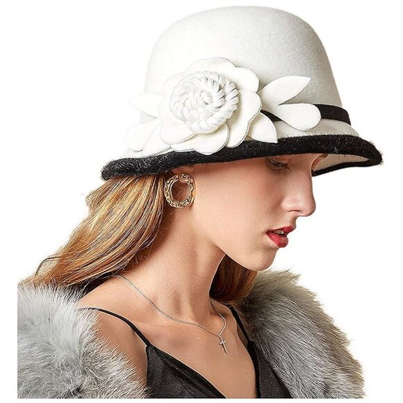 Women's Cloche Hat 1920s Winter Bucket Hat Vintage , A-white